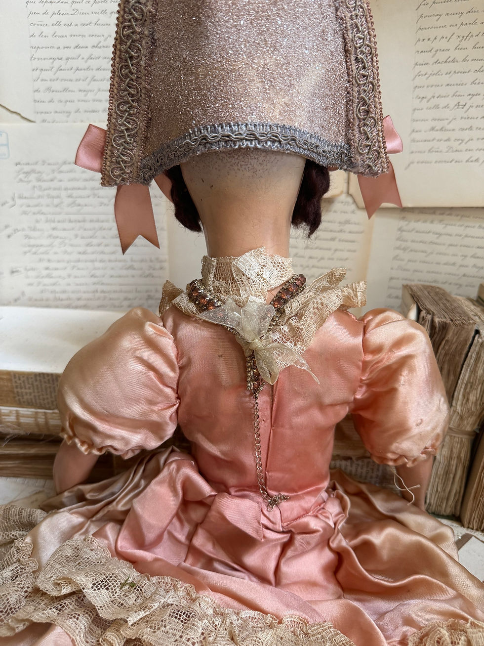Thumbnail: Antique Boudoir Doll - Original Blush and Lace Trim Dress 