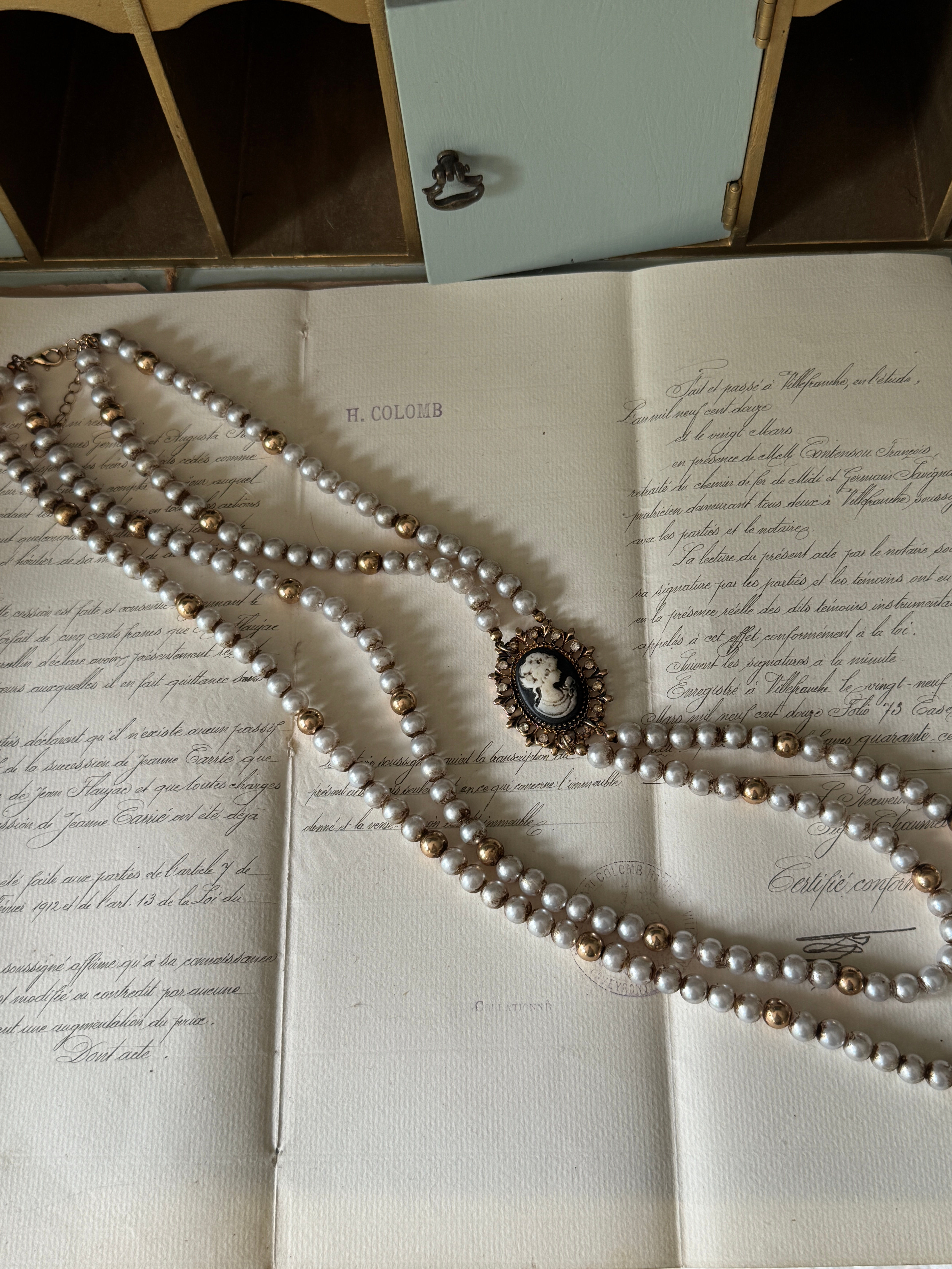 Side Cameo and Pearl and Gold Bead Necklace 