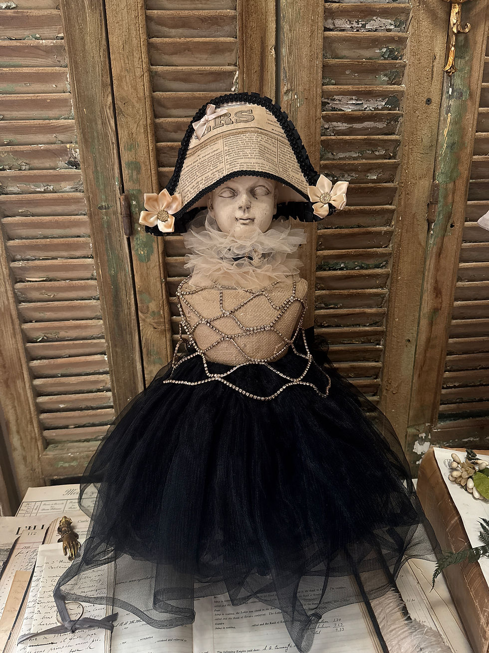Santos Doll Bust - Antique French Newspaper Bicorn and Rhinestone Netting