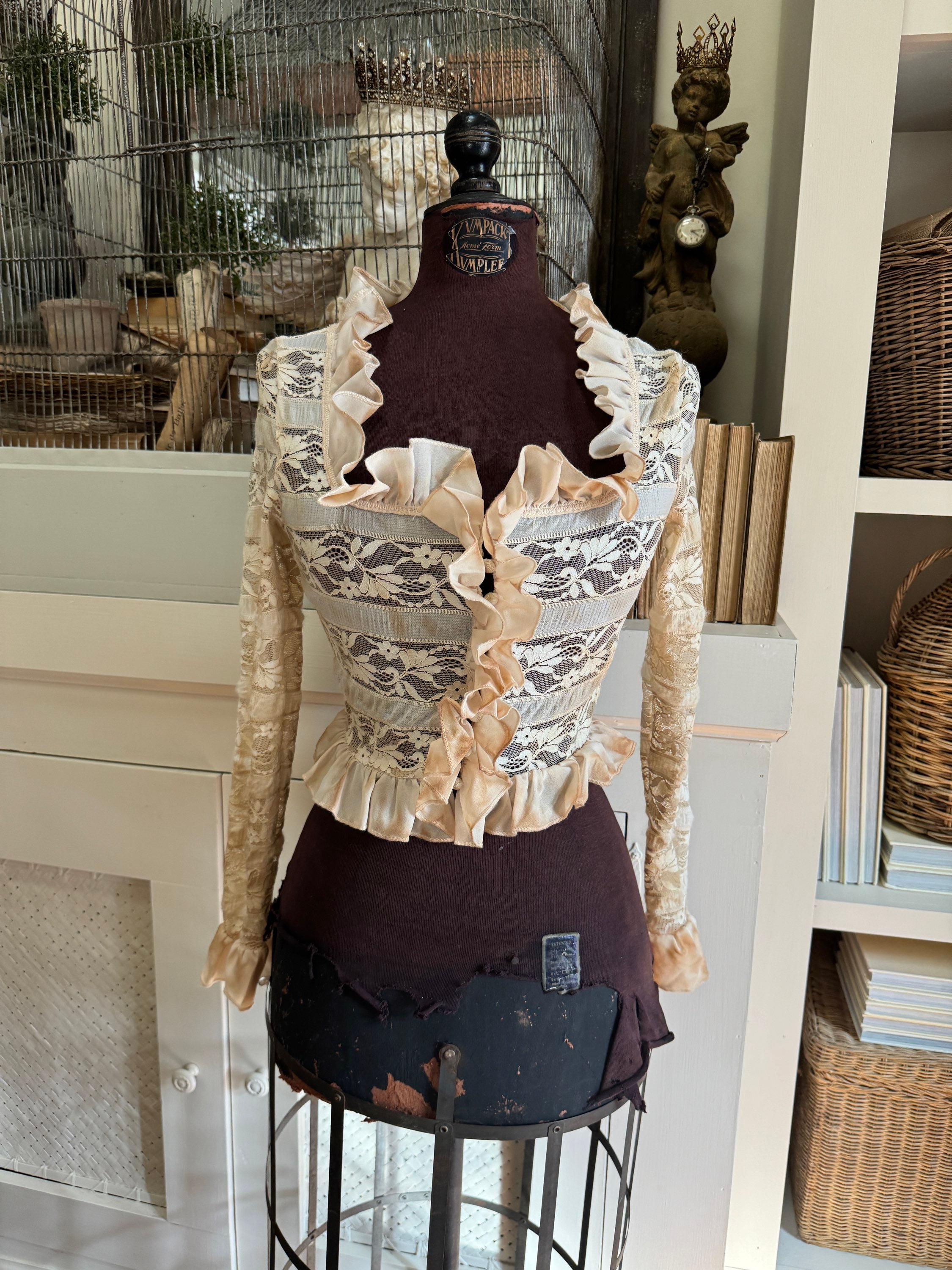 Long Sleeve Aged Ruffle Trim Lace Button Up Top