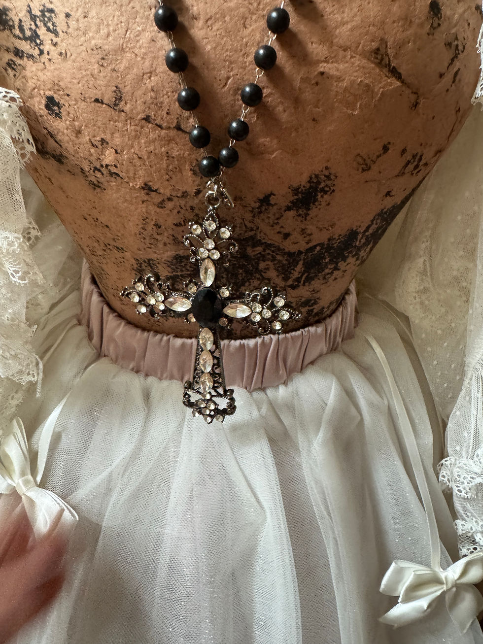 Thumbnail: Extra Long Black Bead Large Cross Necklace 