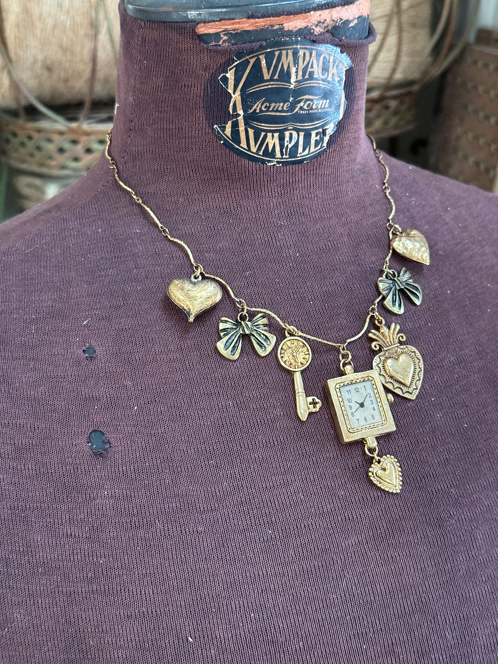 Thumbnail: Bow and Heart Charm Faux Clock Necklace 