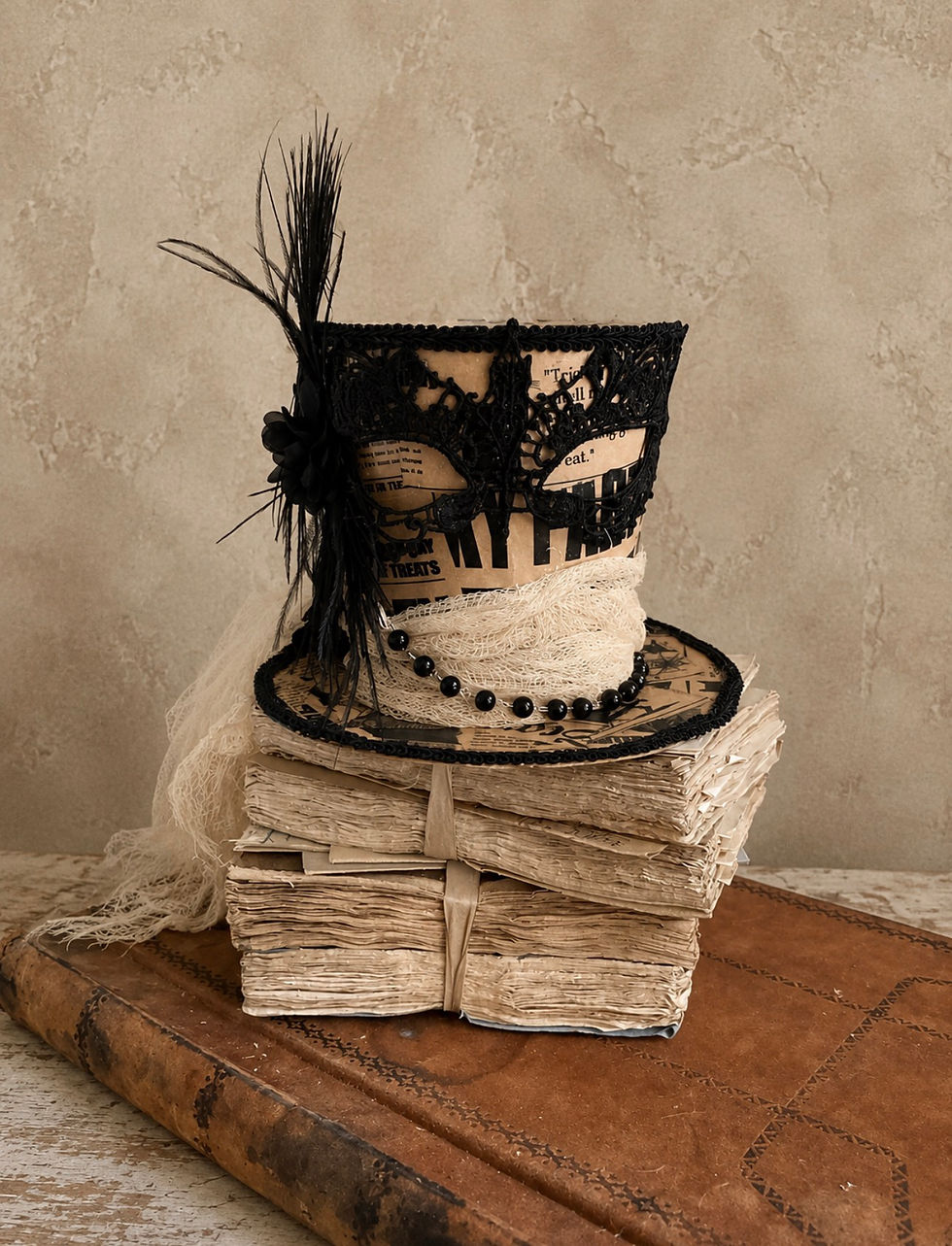 Thumbnail: Halloween Newspaper, Feather and Bead  Miniature Top Hat