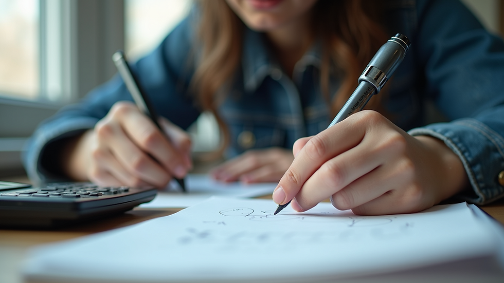 Eye-level view of a student solving physics problems with a notebook and calculator