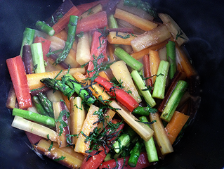 Spring Carrots and Asparagus with Soy/Miso/ Butter Glaze