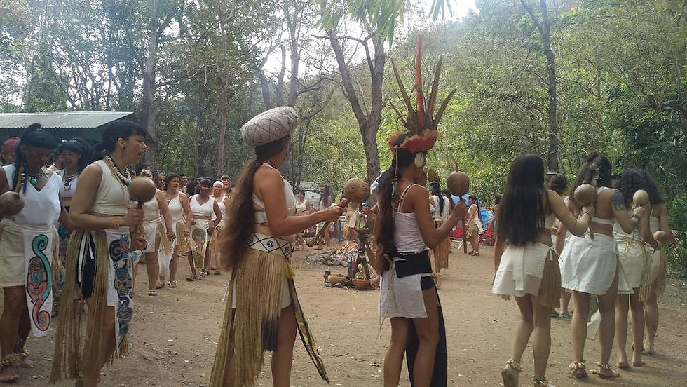 Mujeres y niñas de Concilio Taino Guatu-ma-cu a Borikén do an areíto en el bosque de Susúa de Puerto Rico, abril de 2018. Este bosque es un sitio importante para la comunidad, y es donde celebran una ceremonia anual de nombramiento abierta al público. | Foto cortesía de Christina M. González