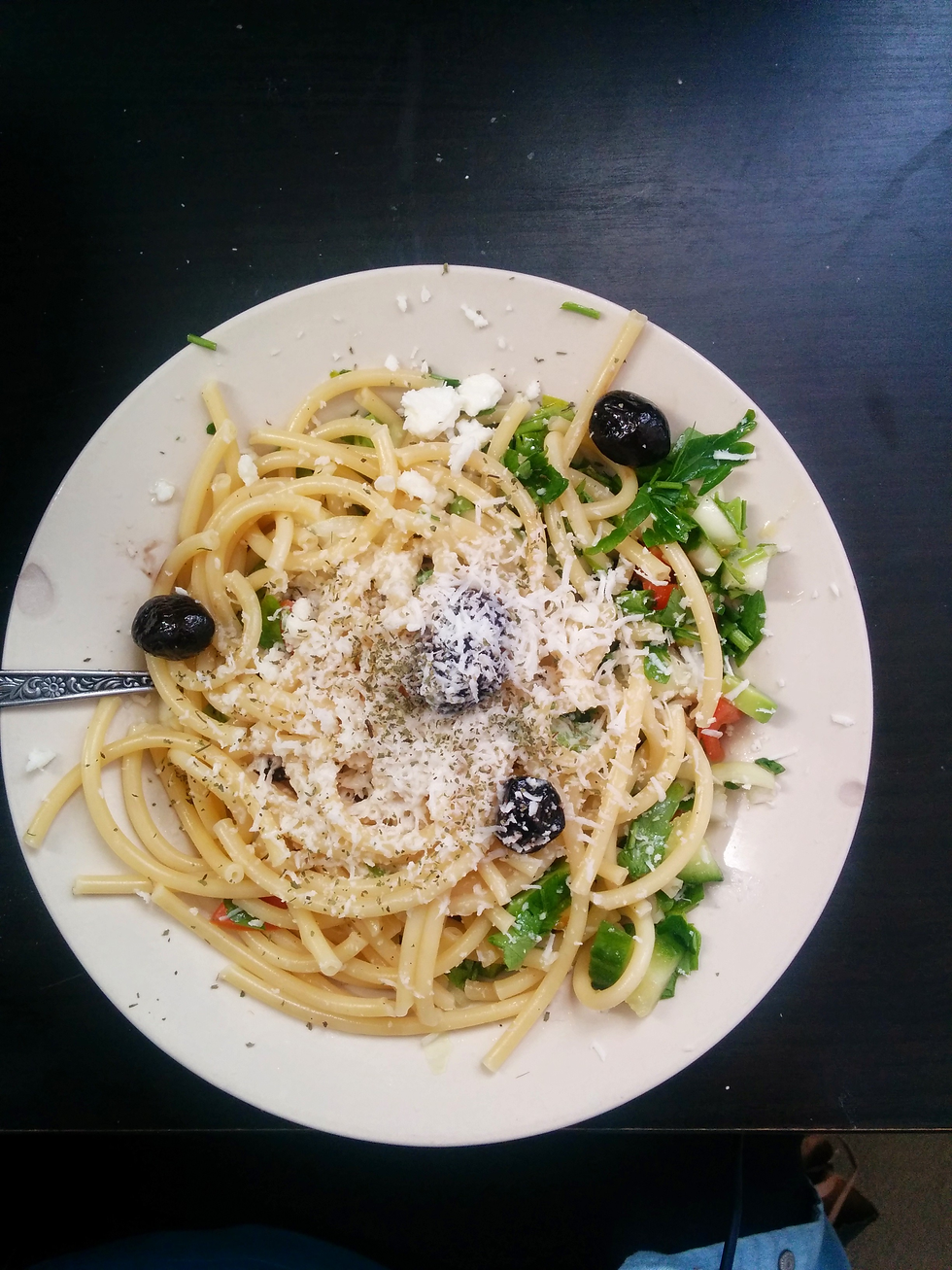 Magarina bulli served with salad and olives
