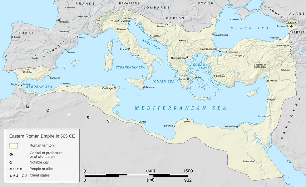 Eastern Roman Empire (or Byzantine Empire) at the end of Justinian's reign in 565 CE