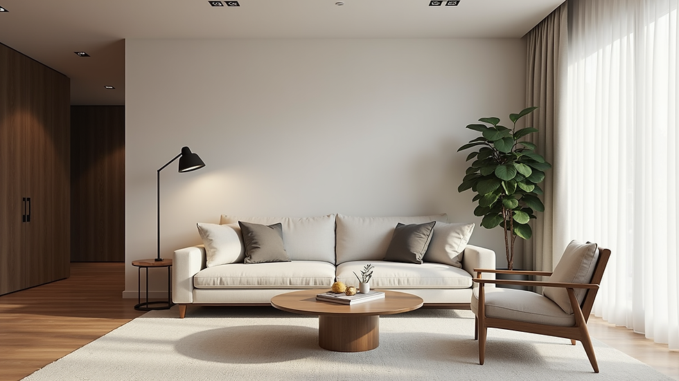 Wide angle view of a beautifully renovated living room with modern furniture