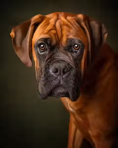 Nahaufnahme eines braunen Boxers mit faltiger Stirn und dunkler Schnauze vor dunkelgrünem Hintergrund.
