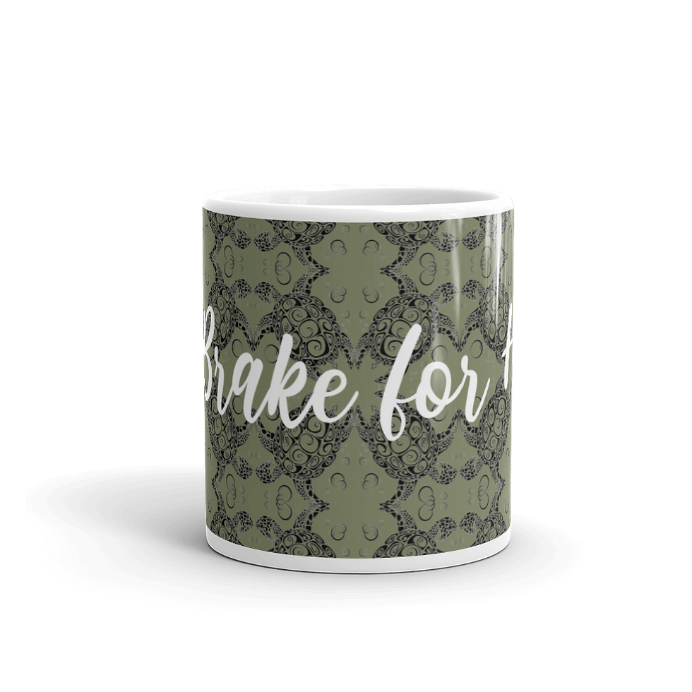 Thumbnail: Glossy Mug: "We Brake for Honu" Olive Honu Pattern