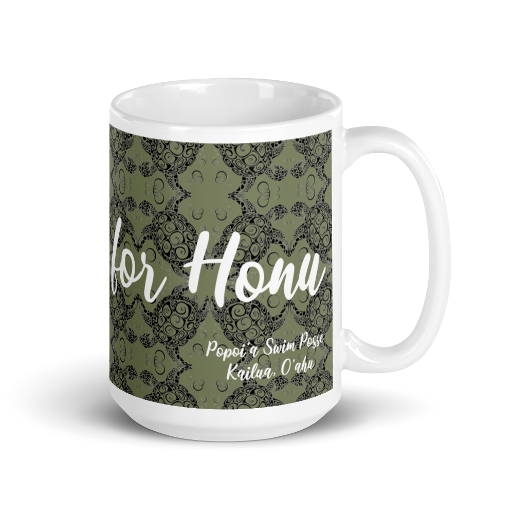 Glossy Mug: "We Brake for Honu" Olive Honu Pattern