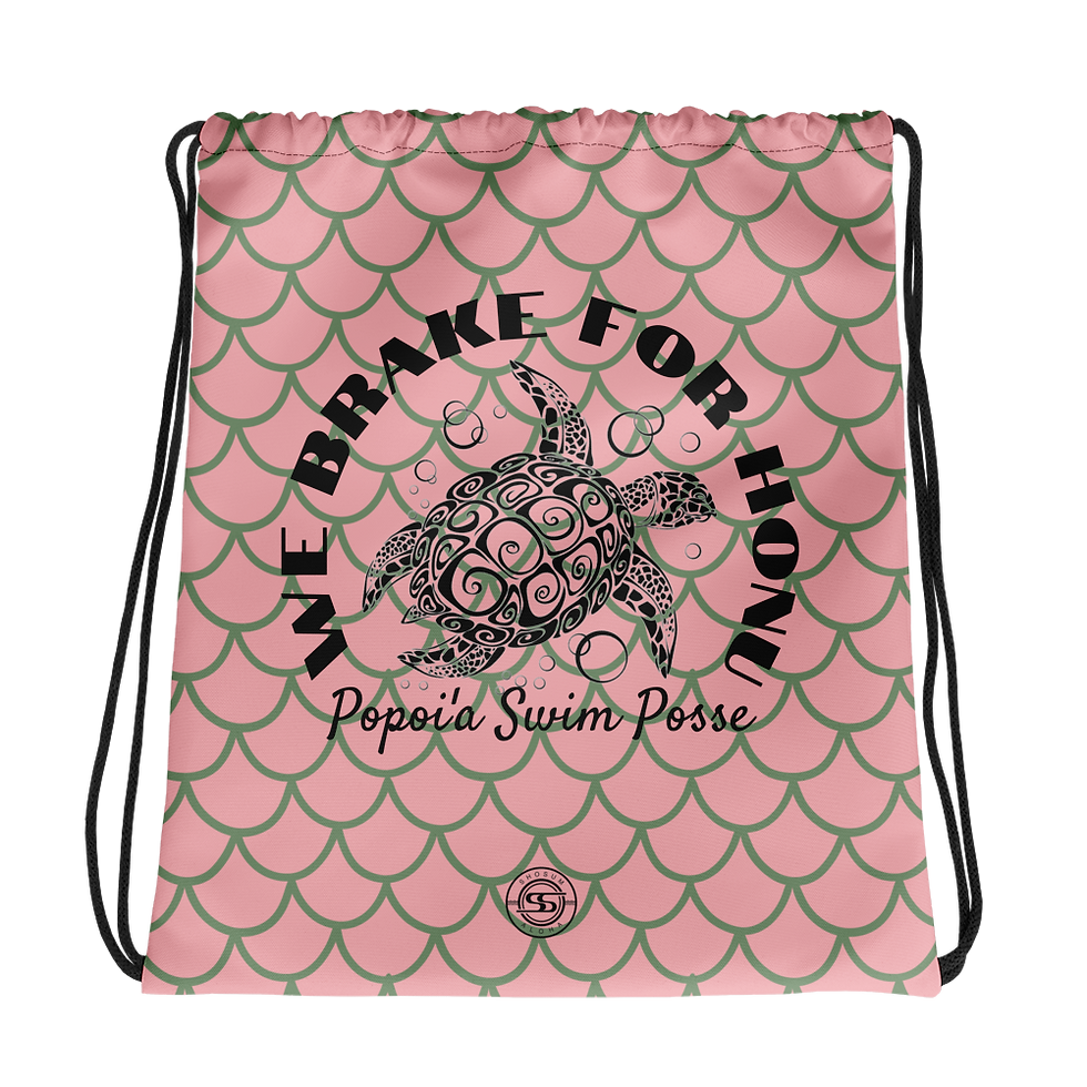 Thumbnail: Drawstring Bag: "We Brake for Honu" Pink/Olive Mermaid Scales