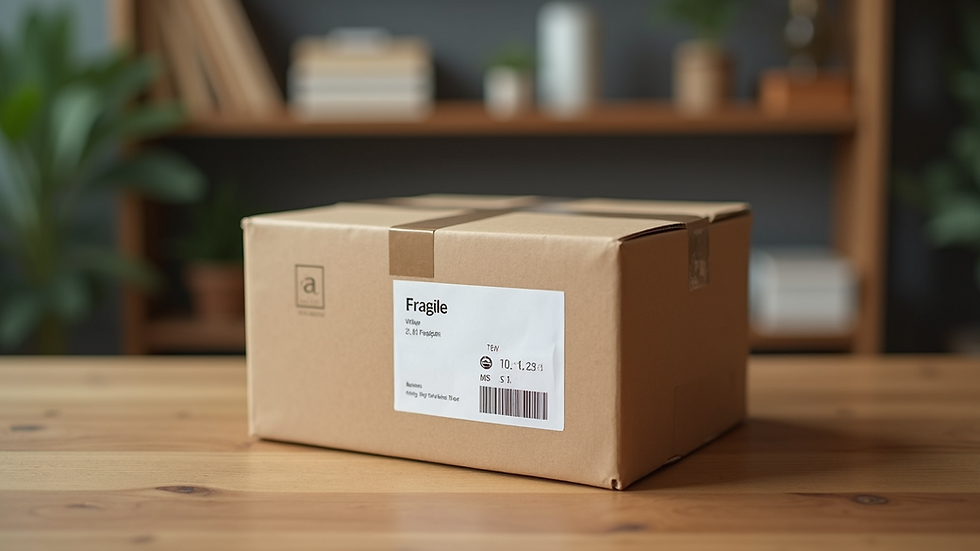 Eye-level view of a shipping box with fragile label on a wooden table