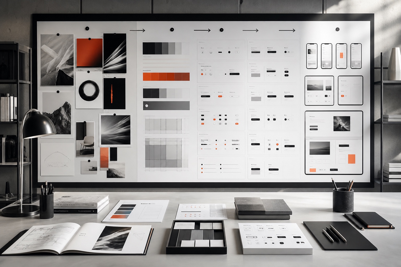 Visuelle Strategie entwickelt sich auf einem Studio-Board zu einem modularen digitalen Designsystem