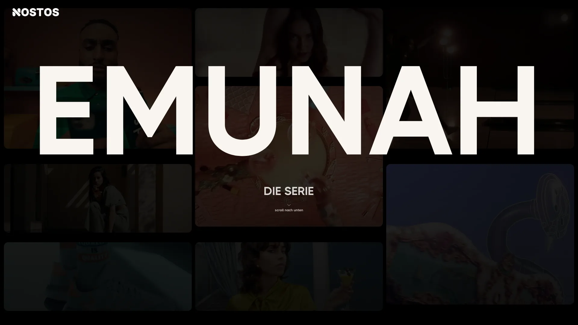Startseite von Nostos Films mit dem Titel der Dokumentarserie EMUNAH über einem Raster aus Filmstills