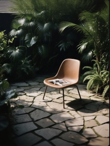 Ceramic chair still life in a garden setting