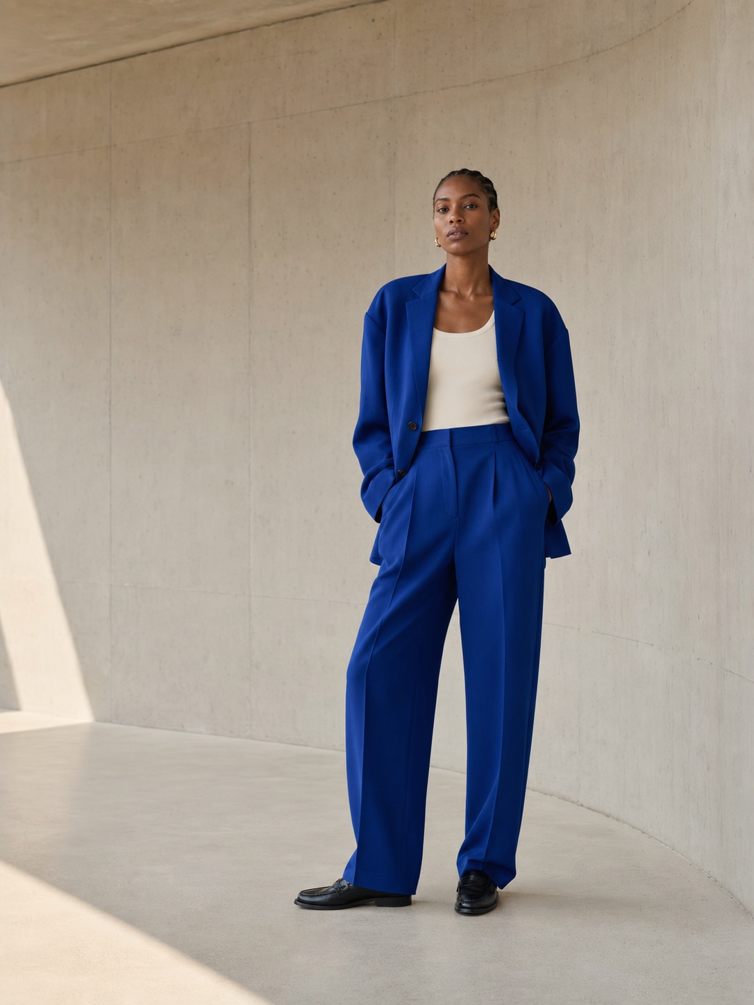 Model in einem blauen Anzug für die kuratierte Fashion-Plattform Velour & Co