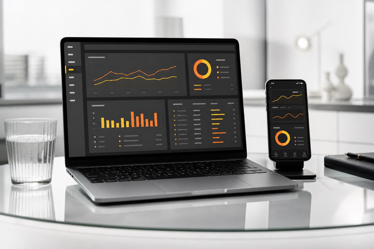 Web app dashboard and native mobile app presented as one connected digital product