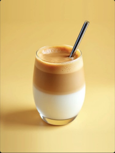 Layered drink against a yellow background