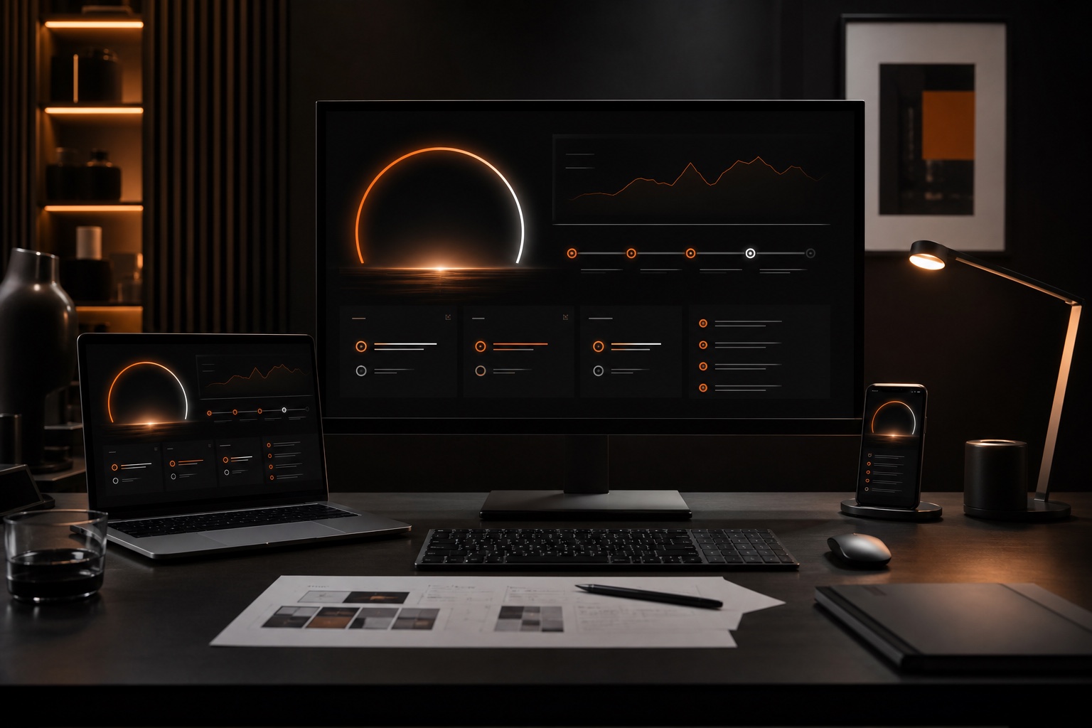 Dunkles Launch-Setup mit synchronisierten Geräten und visueller Qualitätskontrolle