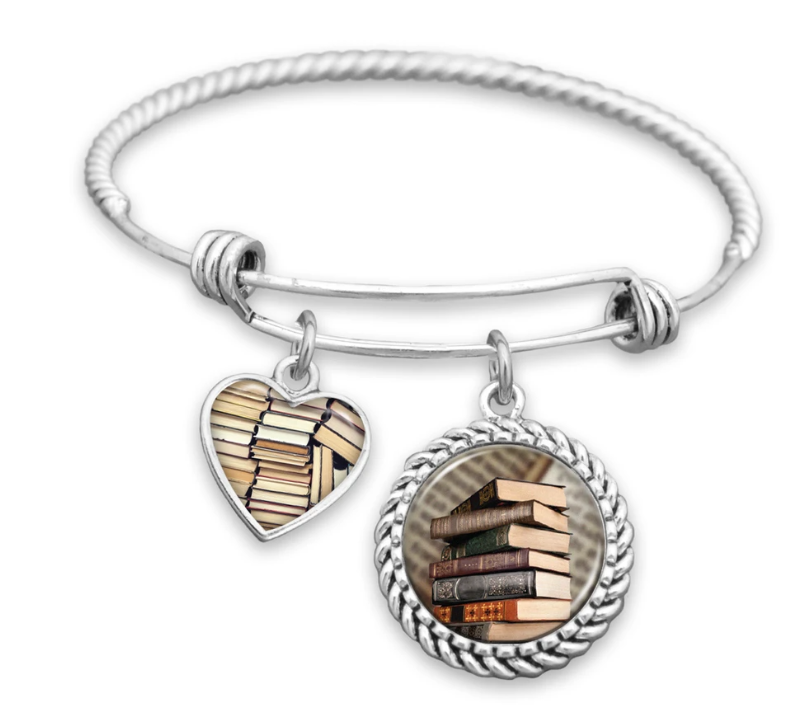 Silver book stack charm bracelet