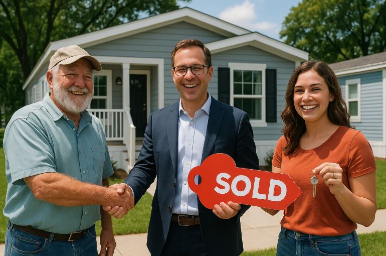 Husband and wife shaking hands with park owners after purchasing their mobile home. Wife is holding "Sold Sign: