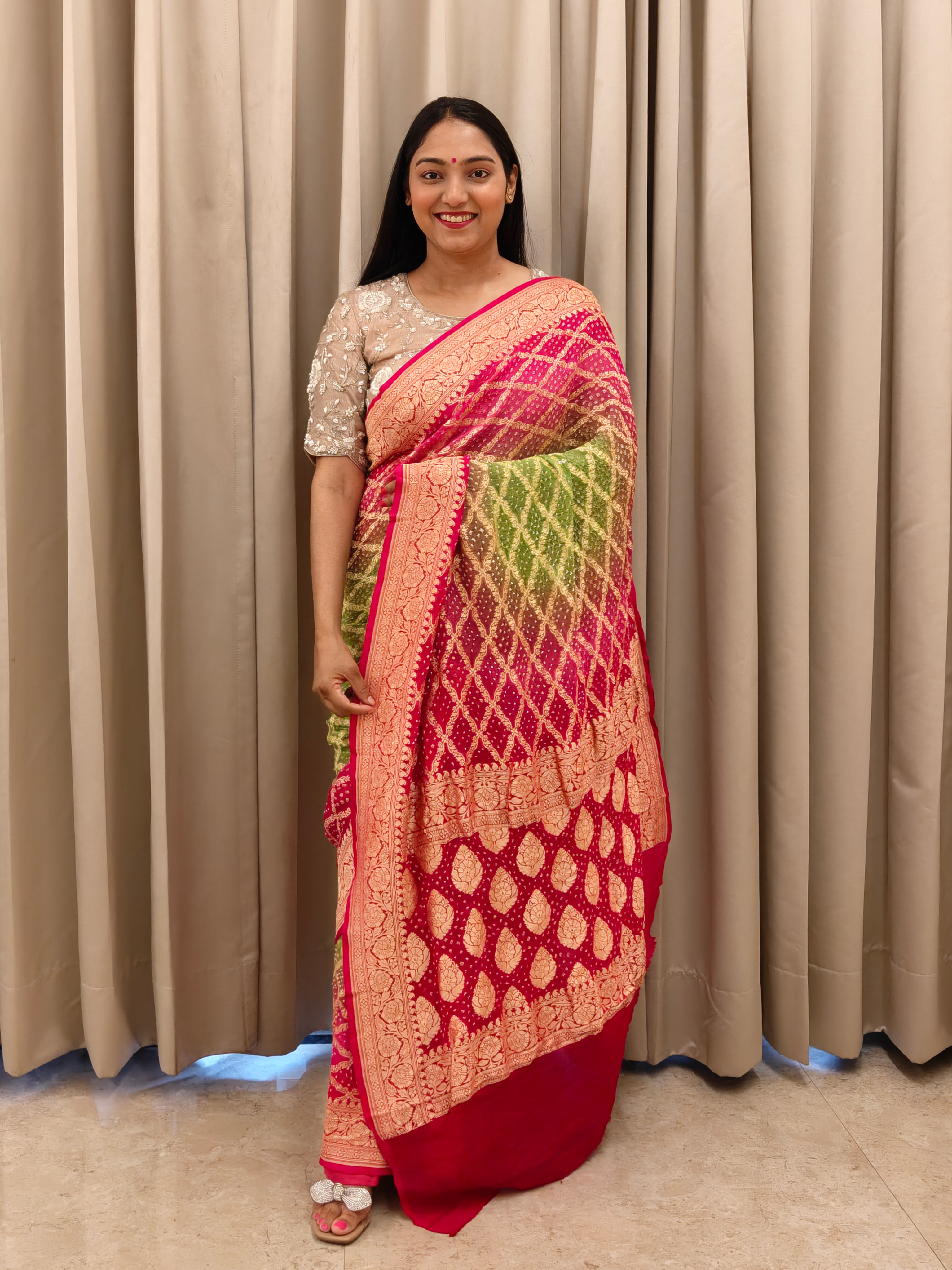 Neemzari Saree in Bright Red & Pastel Green
