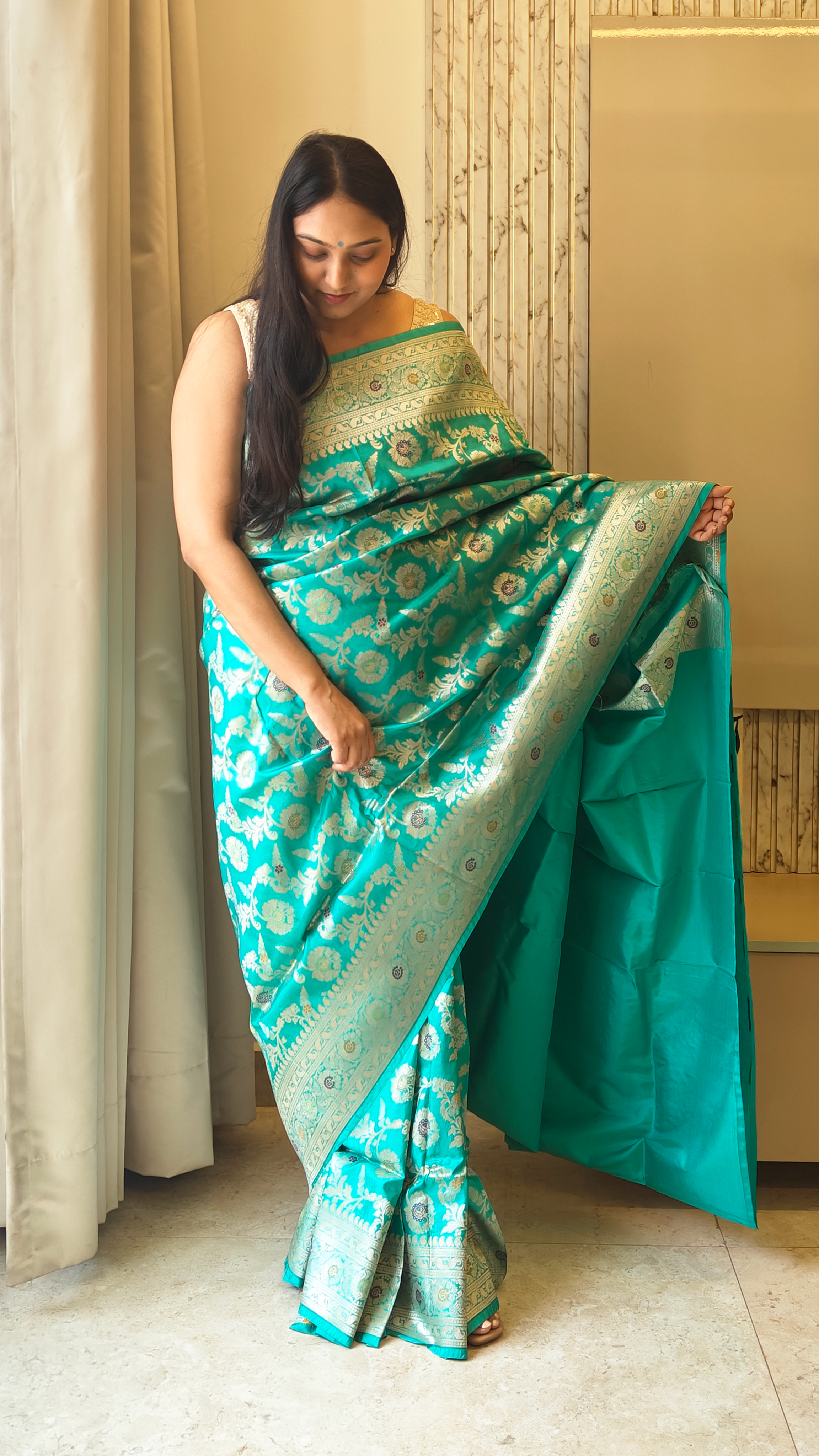 Meenakari Katan Silk Saree in Turquoise