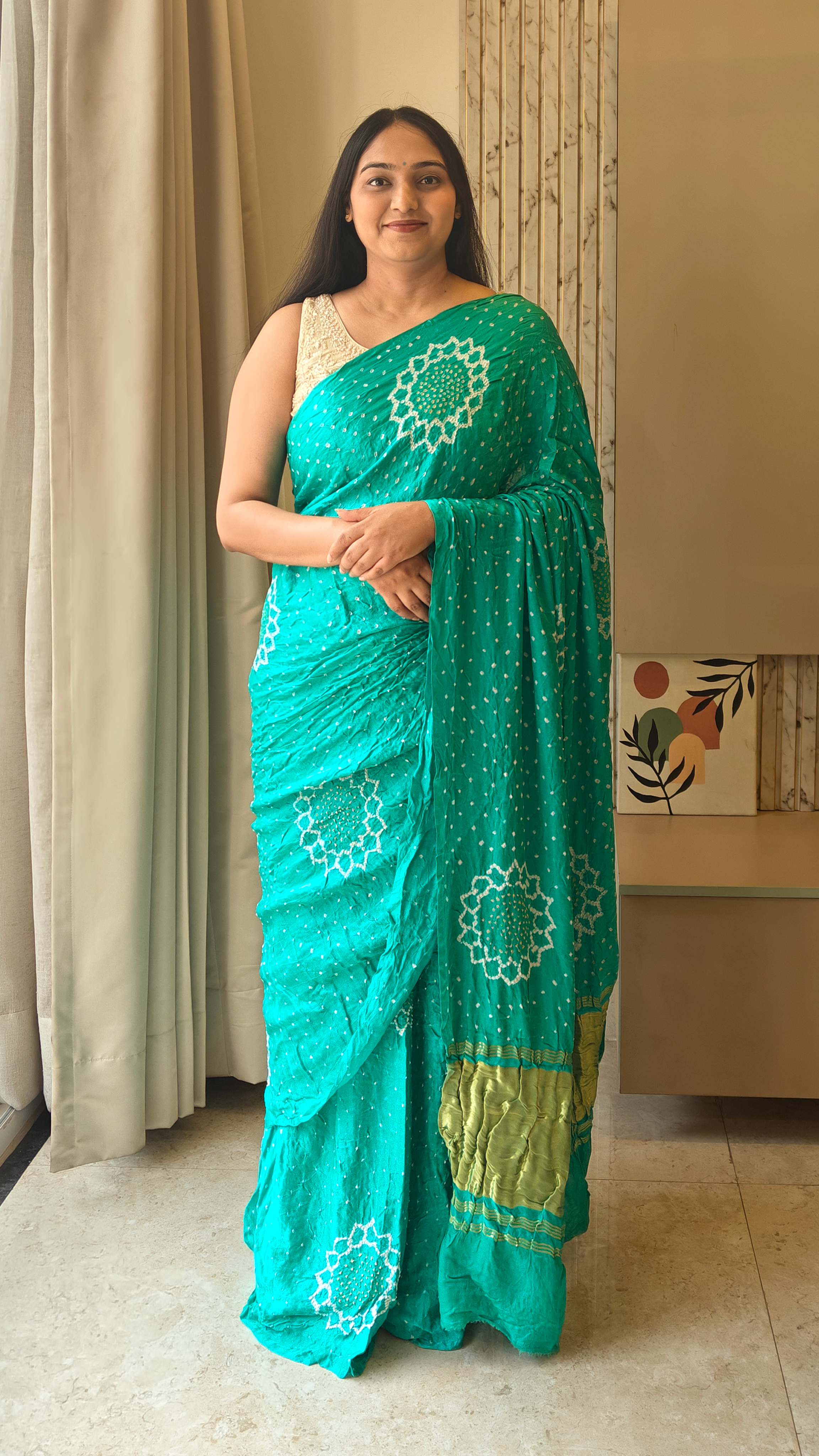 Surajmukhi Bandhej Saree in Cyan Blue