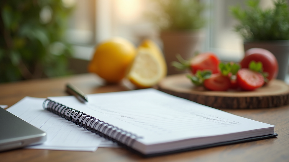 Close-up view of a fitness journal and healthy meal plan on a table