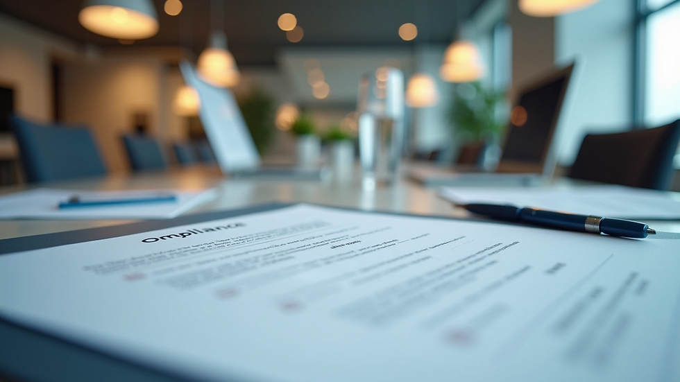 Eye-level view of a modern office workspace with compliance documents