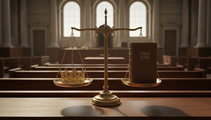 Wide-angle view of balanced scales with a small crown in an old courtroom