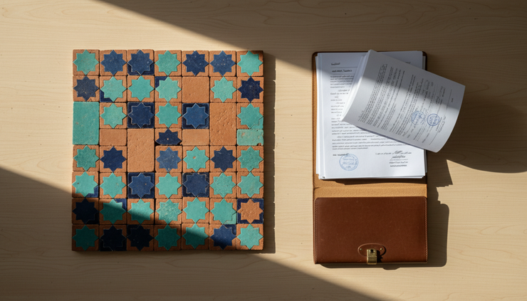 Overhead view of traditional Saudi geometric patterns beside legal papers.