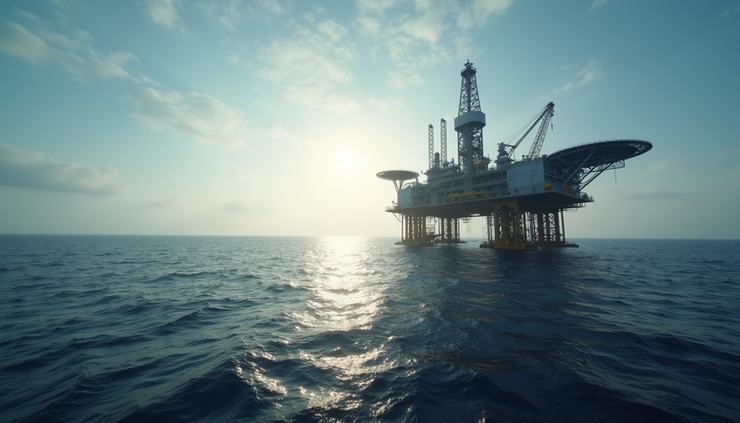 Eye-level view of offshore oil platform with drilling equipment and sea horizon