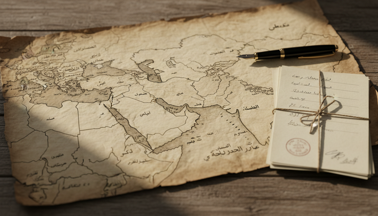 High-angle view of a parchment map of the Arabian Peninsula beside a fountain pen.