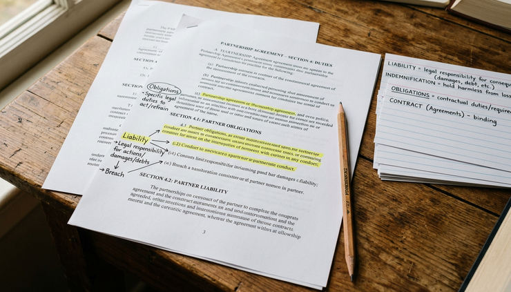 Close-up view of marked contract clauses and handwritten vocabulary notes