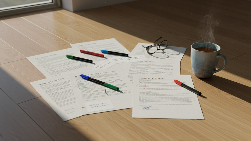 Wide-angle view of contract pages being reviewed with coloured markers on a wooden floor.