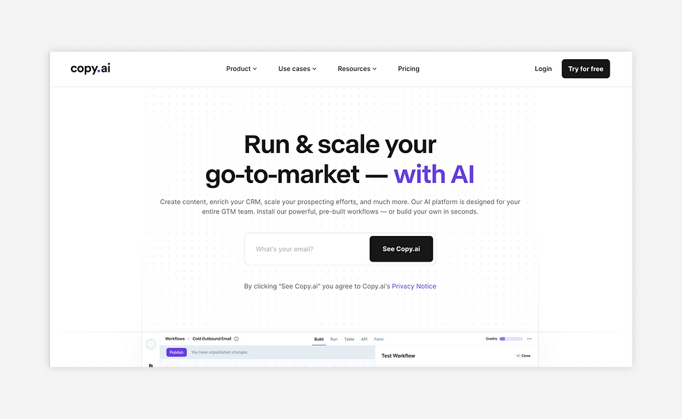 Melhores sites de inteligencia artificial para criar textos: Copy.ai.