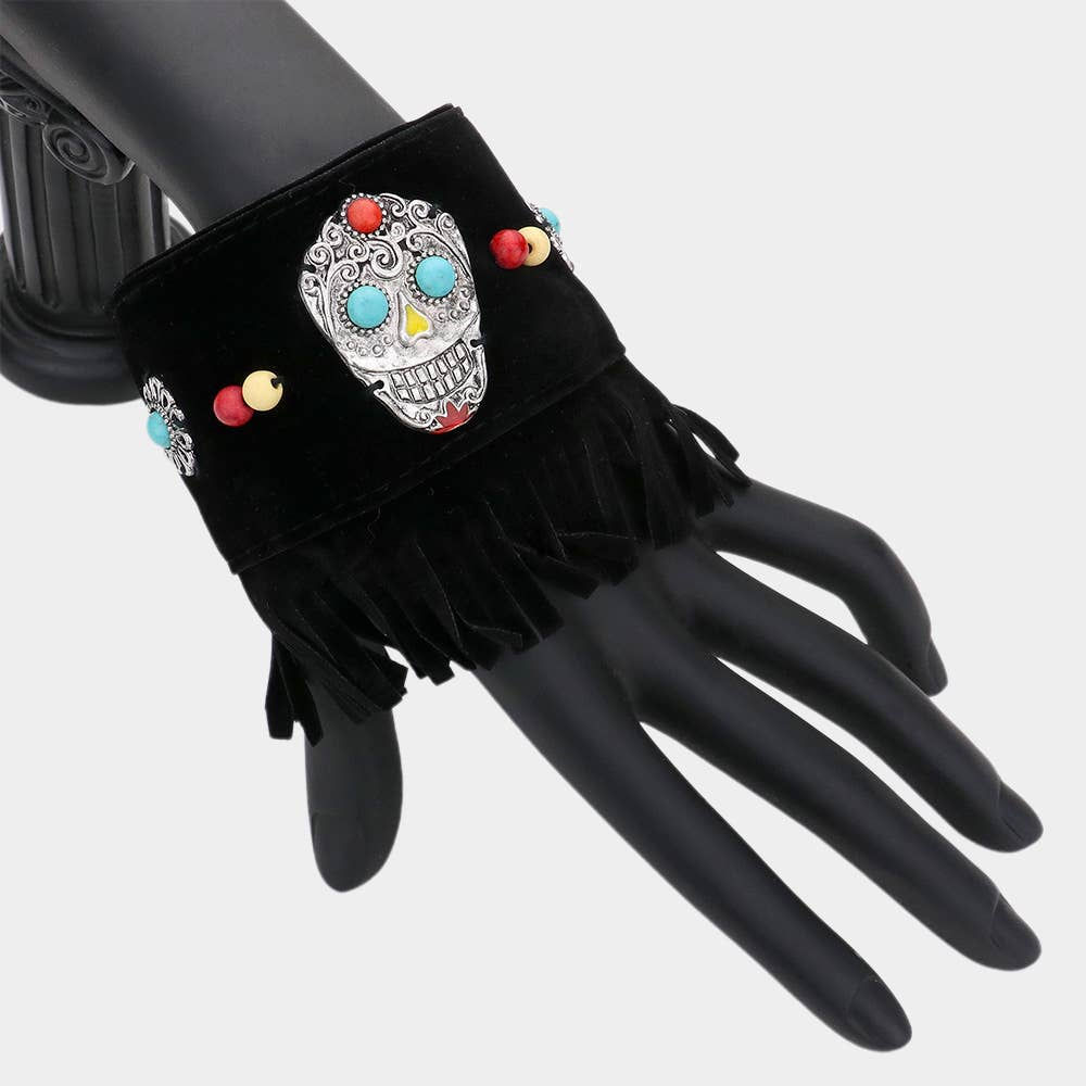 Day of the Dead Mexican Sugar Skull Suede Fringe Bracelet
: Black