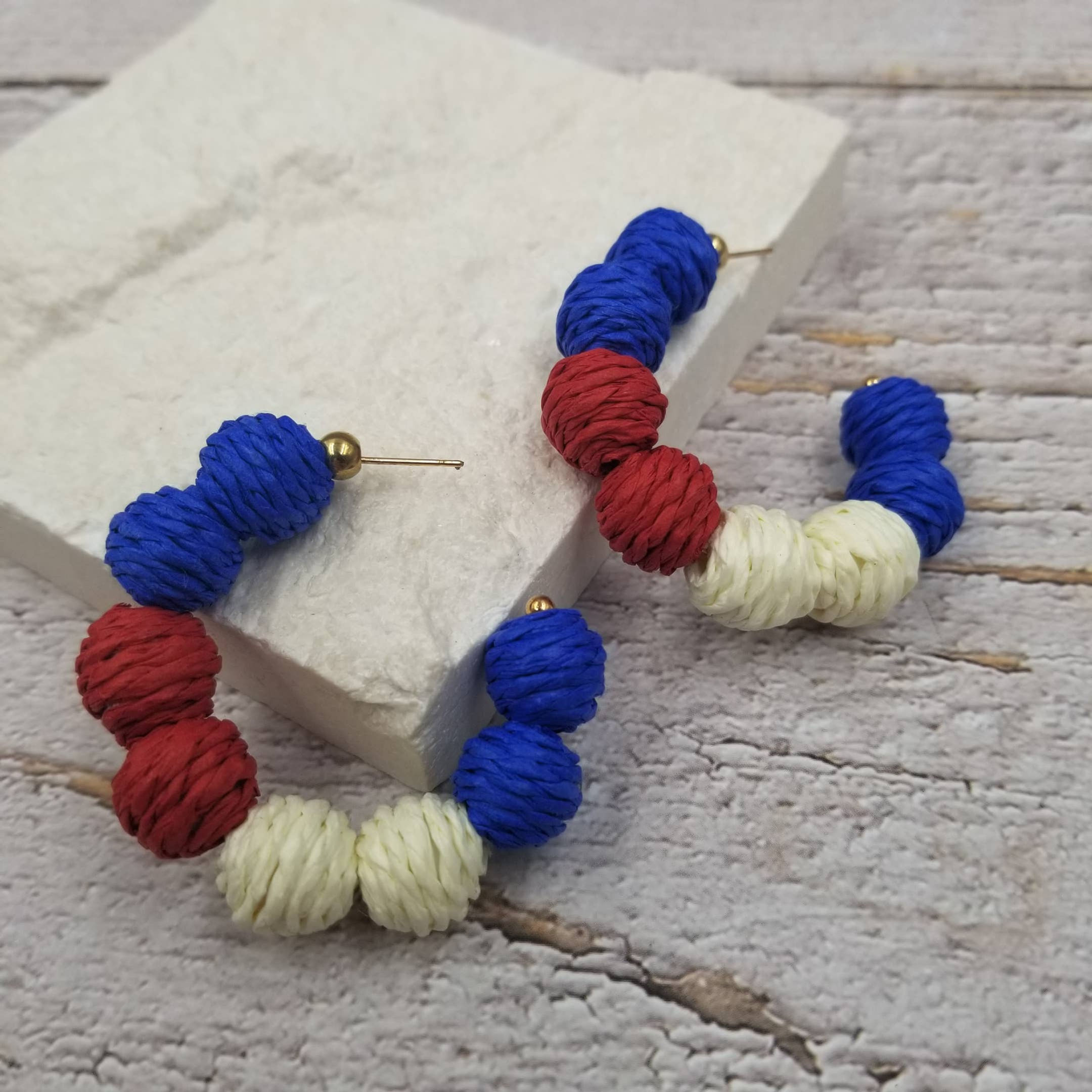 C-shaped Patriotic Rattan Pom Poms Earrings