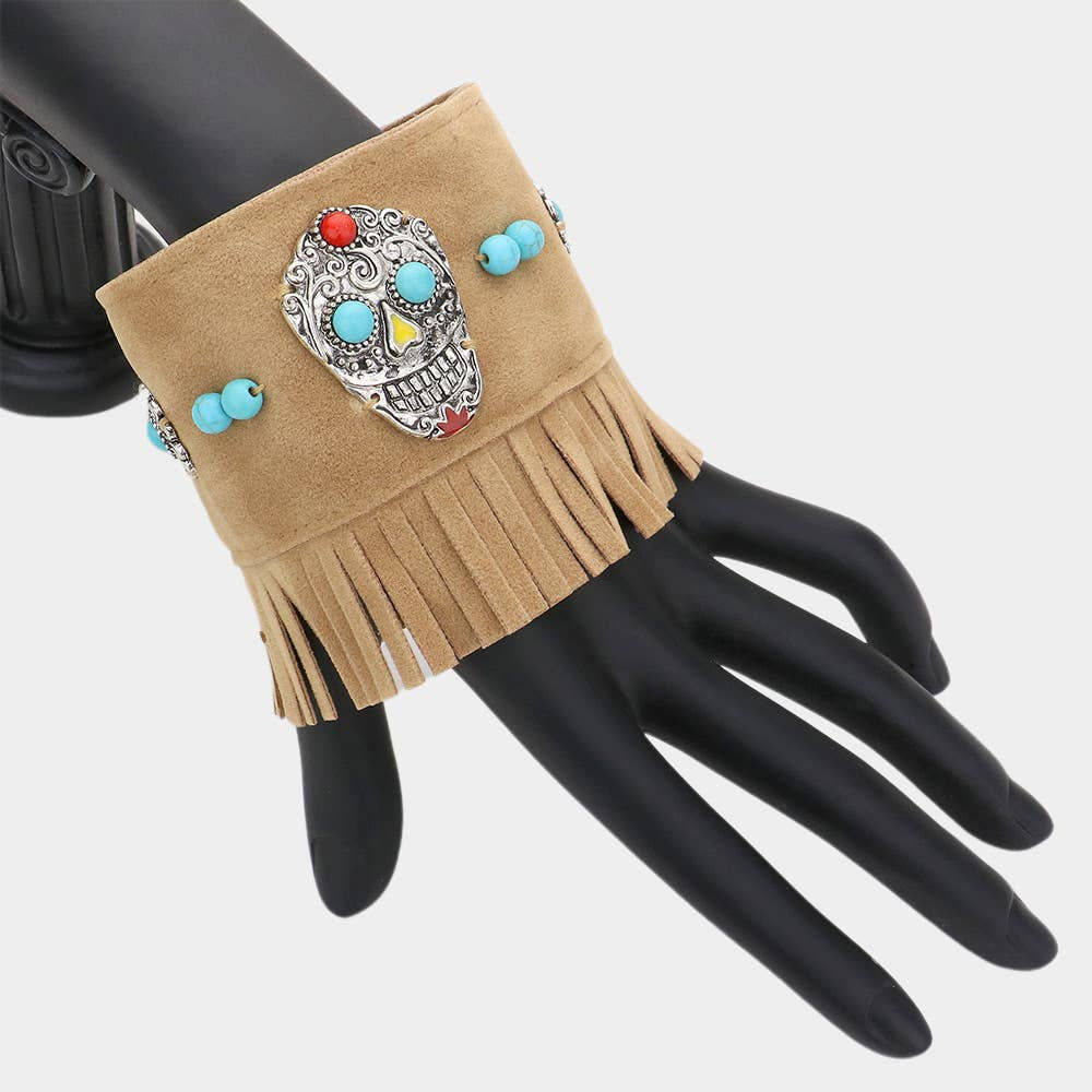Day of the Dead Mexican Sugar Skull Suede Fringe Bracelet
: Brown