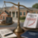Balance scale comparing student achievement and rising property taxes, highlighting the debate over school funding, accountability, and educational results.