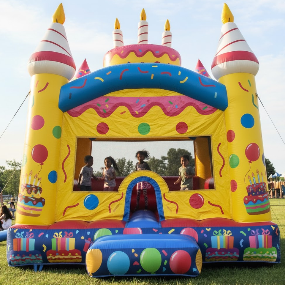 moonbounce with a birthday cake theme