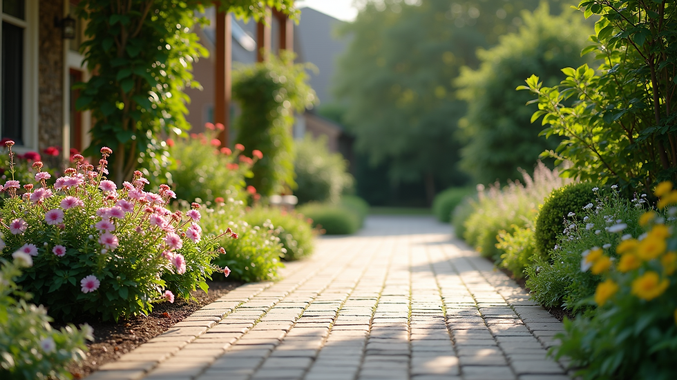 Eye-level view of a beautifully landscaped paver driveway