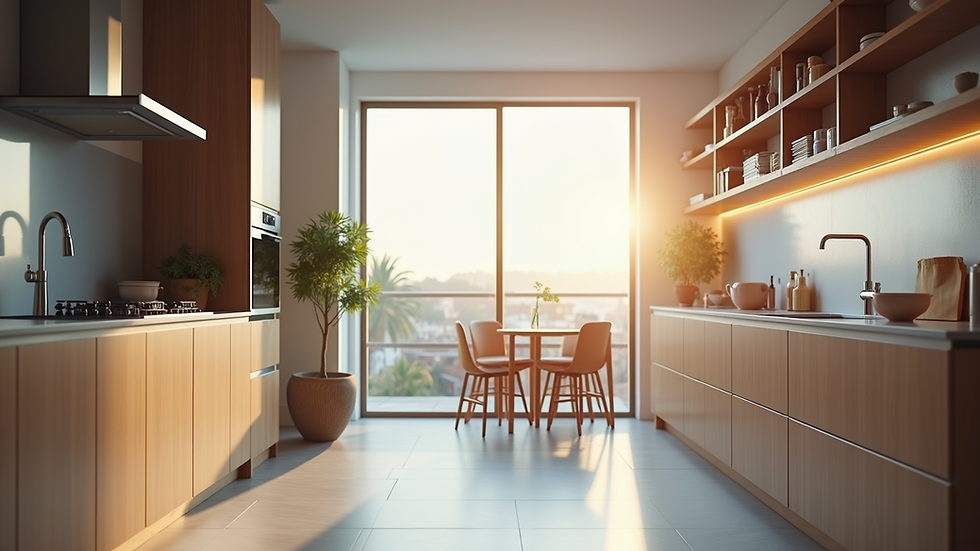 Eye-level view of modern kitchen with energy-efficient appliances
