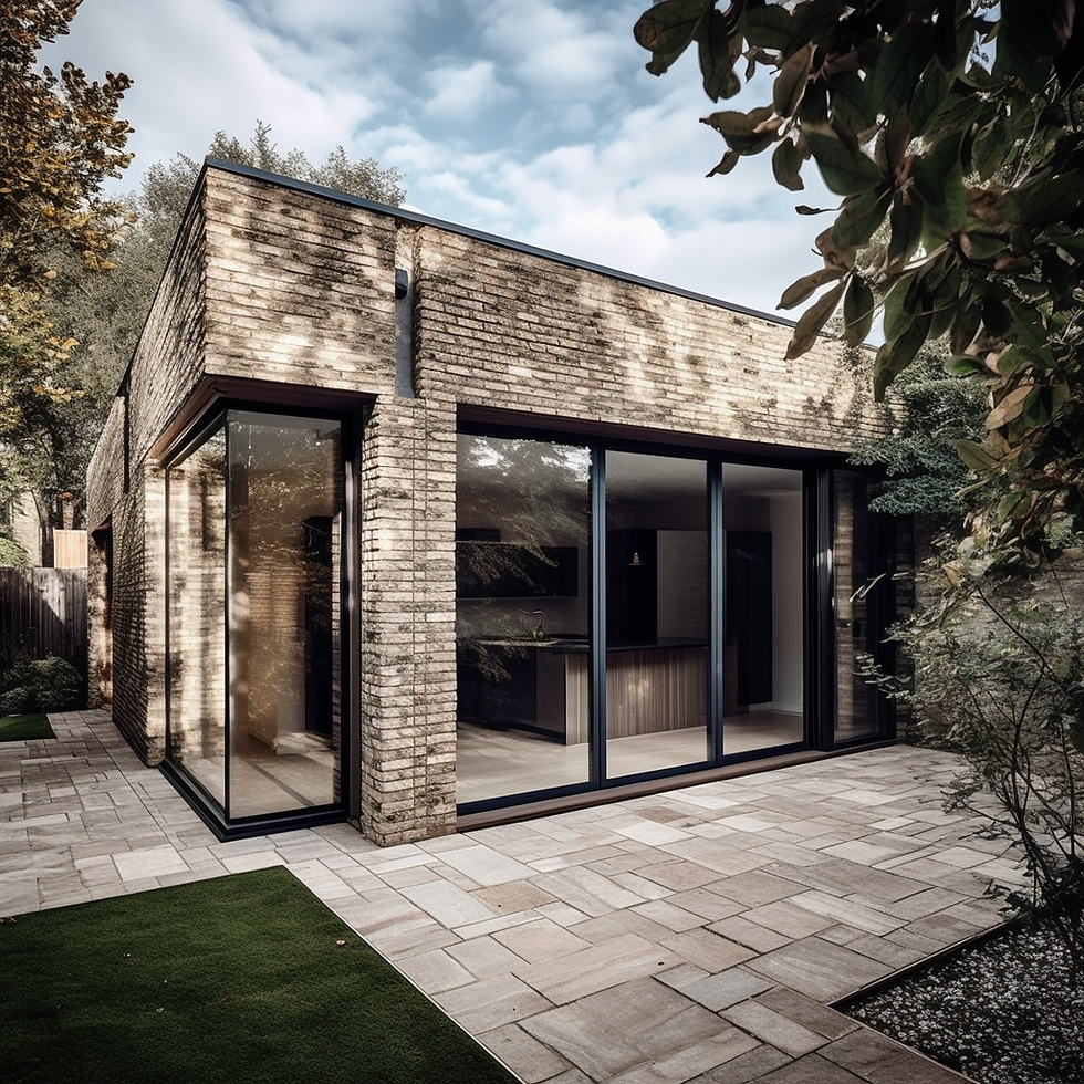 Photo of contemporary house extension, anthracite grey windows and doors, grass, tiles, trees, clouds.