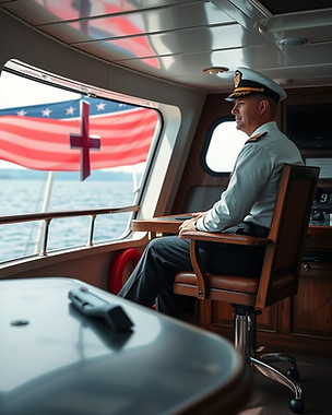 a merchant navy officer seating on a cha