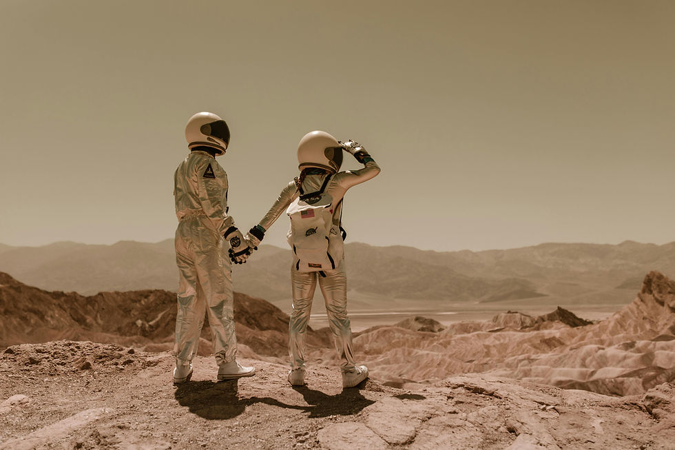 Two astronauts holding hands on a rocky terrain, symbolizing exploration, new possibilities, and stepping into the unknown.