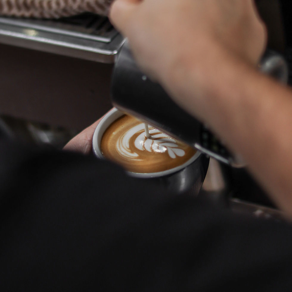Barista pouring milk into a cup of flat white coffee at Ampersand Eatery in Auckland